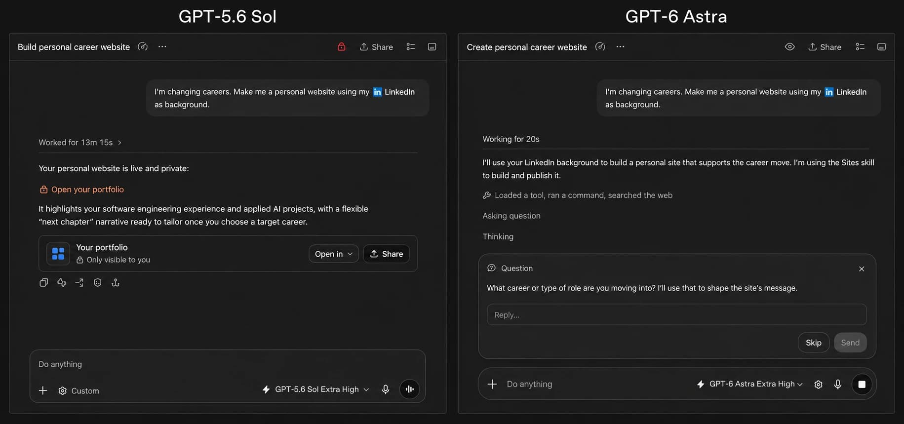 ChatGPT Work comparison: GPT-5.6 Sol vs GPT-6 Astra creating a personal career website